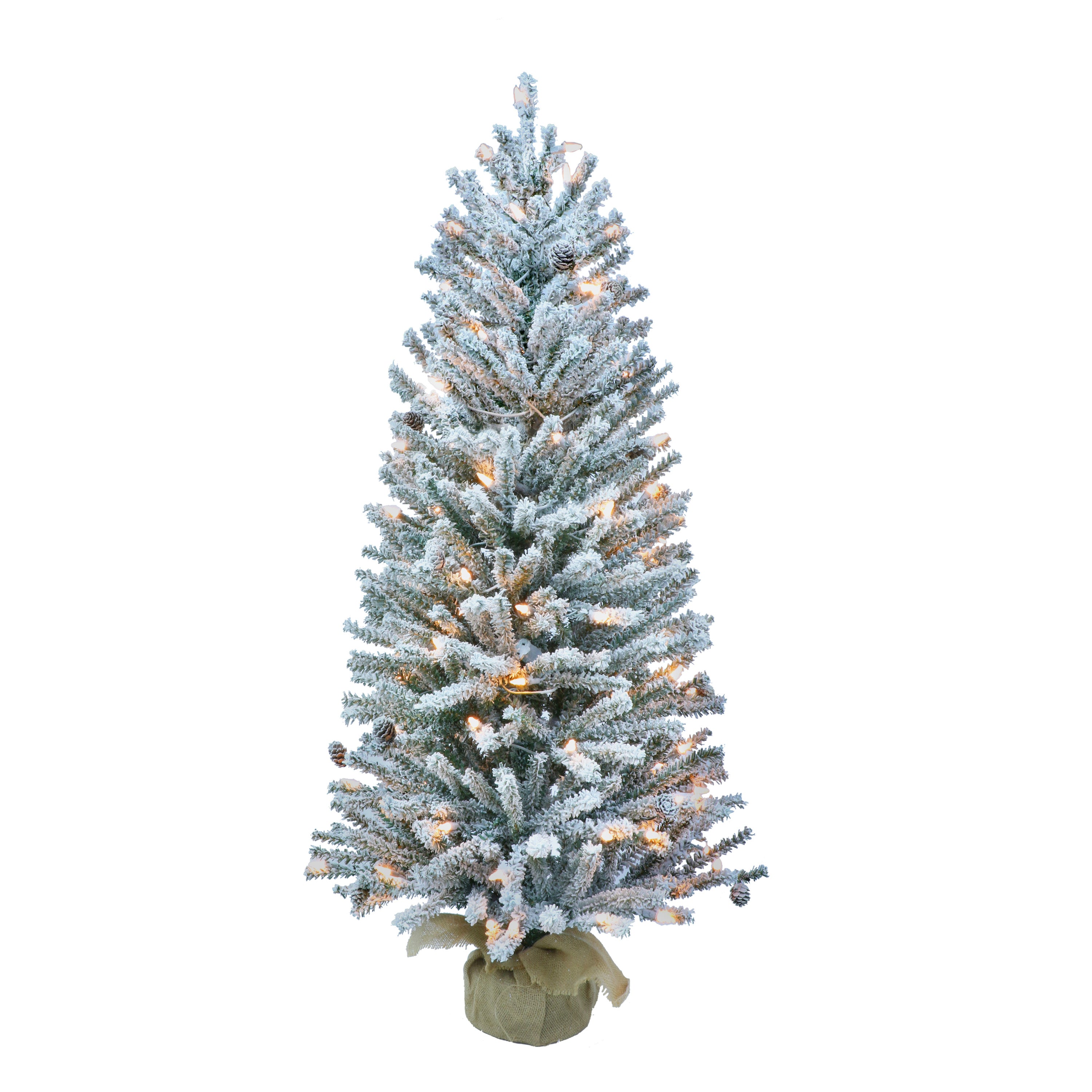 3 ft Pre-Lit Flocked Artificial Christmas Tree with Pinecones and 50 UL Clear Lights Burlap Sac Base Green 1835-STF30C05A
